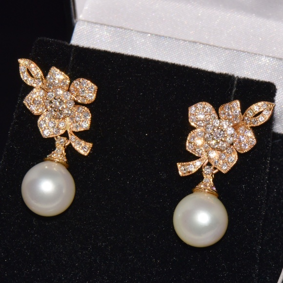CERTIFIED NATURAL SOLID 18K GOLD 21.5CTS DIAMOND SOUTH SEA PEARL 3-IN-1 EARRINGS - Picture 2 of 14